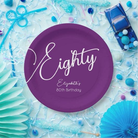 Gewoon modern script herfst Paarse 80ste verjaarda Papieren Bordje (Feest)