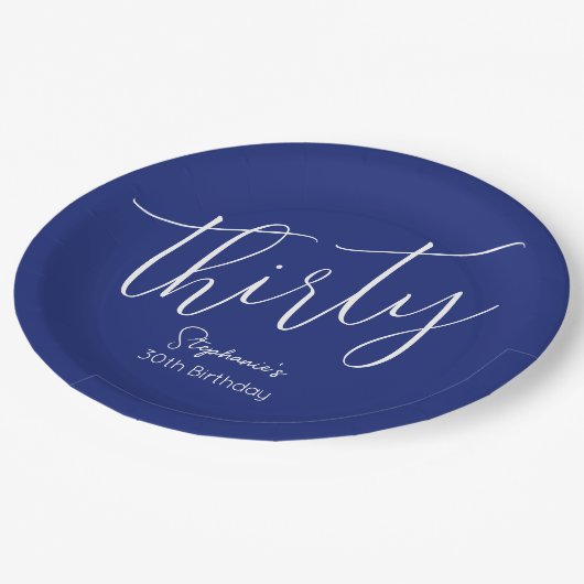 Gewoon modern script marineblauw 30ste verjaardags papieren bordje (Gekanteld)