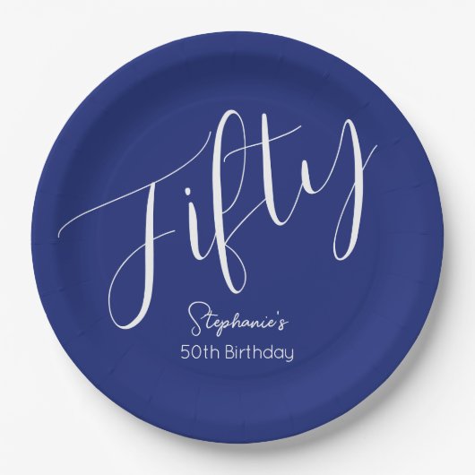 Gewoon modern script marineblauw 50ste verjaardag papieren bordje (Voorkant)