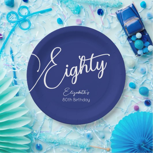 Gewoon modern script marineblauw 80ste verjaardags papieren bordje (Feest)