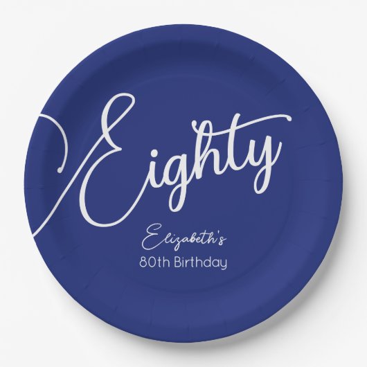 Gewoon modern script marineblauw 80ste verjaardags papieren bordje (Voorkant)