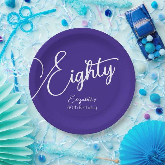 Gewoon modern script Paarse 80ste verjaardagsfeest Papieren Bordje (Feest)