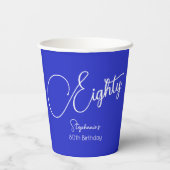 Gewoon Modern Script Royal Blue 80th Verjaardag Papieren Bekers (Achterkant)