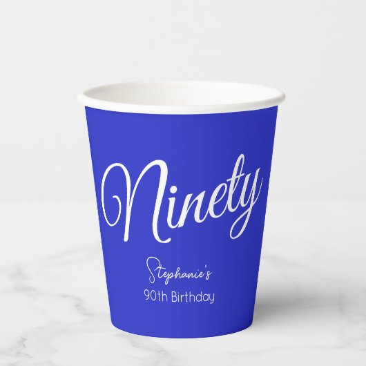 Gewoon Modern Script Royal Blue 90th Verjaardag Papieren Bekers (Voorkant)
