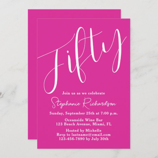 Gewoon modern script roze 50ste verjaardag partij kaart (Voorkant / Achterkant)