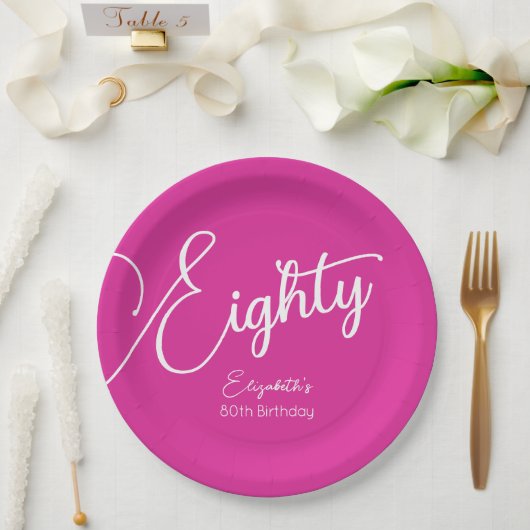 Gewoon modern script Roze 80e verjaardag Party Papieren Bordje (Huwelijk)