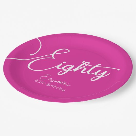 Gewoon modern script Roze 80e verjaardag Party Papieren Bordje (Gekanteld)