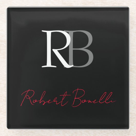 Gewoon Modern Zwart Rood Monogrammed Initialen Naa Glazen Onderzetter (Voorkant)