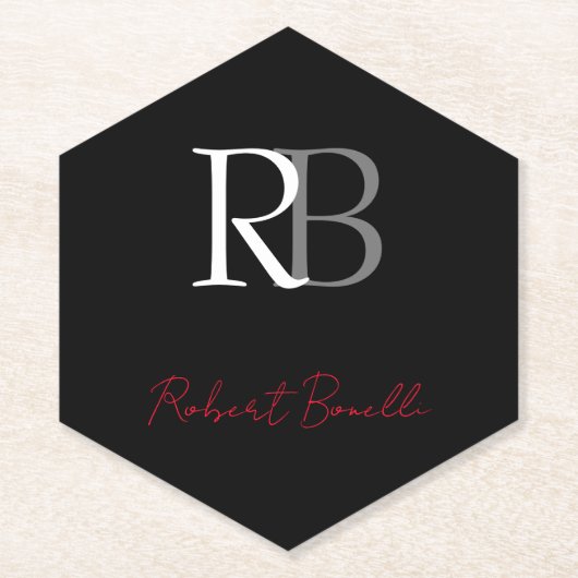 Gewoon Modern Zwart Rood Monogrammed Initialen Naa Kartonnen Onderzetters (Voorkant)