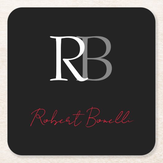 Gewoon Modern Zwart Rood Monogrammed Initialen Naa Kartonnen Onderzetters (Voorkant)