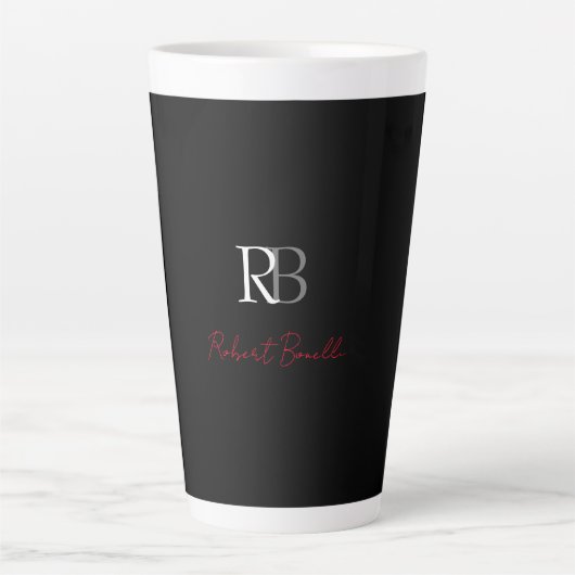 Gewoon Modern Zwart Rood Monogrammed Initialen Naa Latte Mok (Voorkant)