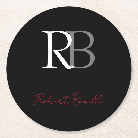 Gewoon Modern Zwart Rood Monogrammed Initialen Naa Ronde Kartonnen Onderzetter (Voorkant)