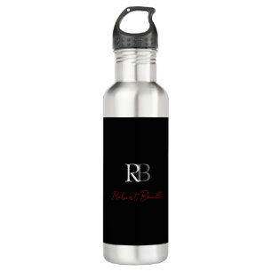 Gewoon Modern Zwart Rood Monogrammed Initialen Naa Waterfles