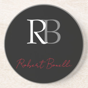 Gewoon Modern Zwart Rood Monogrammed Initialen Naa Zandsteen Onderzetter