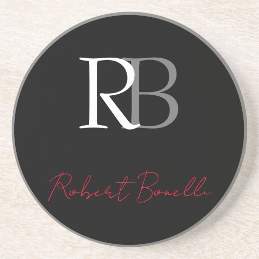 Gewoon Modern Zwart Rood Monogrammed Initialen Naa Zandsteen Onderzetter (Voorkant)