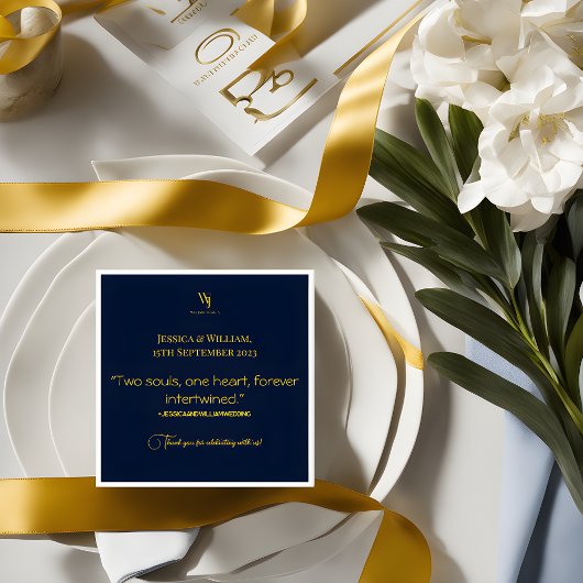 Gewoon moderne marine blauw en gouden bruiloft ser servet