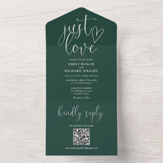 Gewoon moderne QR-code bruiloft smaragdgroene trou All In One Uitnodiging (Binnen)