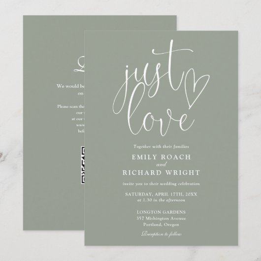 Gewoon moderne QR-code saliegroene trouwliefde Kaart (Voorkant / Achterkant)