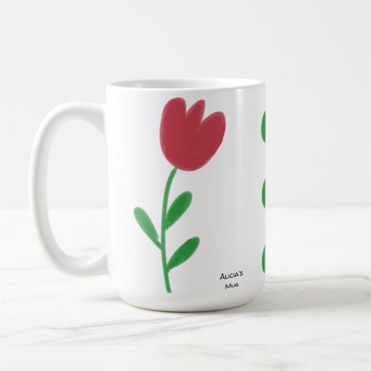 Gewoon mooie rode tulpen bloemen over wit koffiemok (Links)