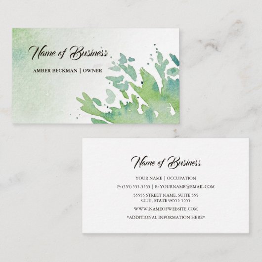 Gewoon Natuur Greenery Abstracte Waterverf Splash Visitekaartje (Voorkant / Achterkant)