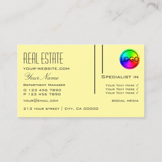 Gewoon pasta-geel met Logo Professional Modern Visitekaartje (Achterkant)