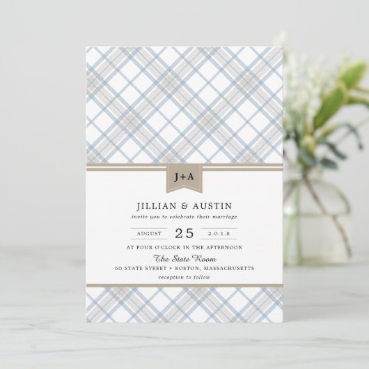 Gewoon Pset Blue en Tan met Monogram Weddenschap Kaart (Staand voorkant)