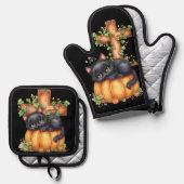 Gewoon rondhangen, kitten rusten in pompoen ovenwant & pannenlap set (Voorkant / Achterkant)
