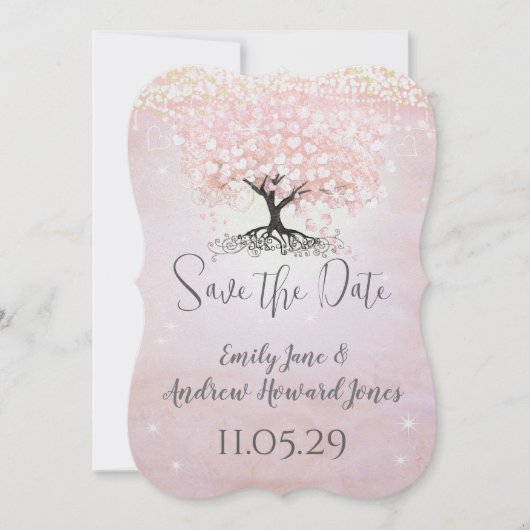 Gewoon roze hart blad boom sprookjesachtige bruilo kaart (Voorkant)