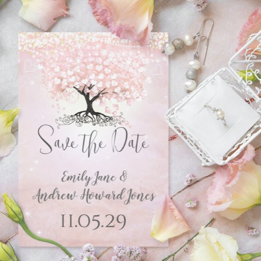 Gewoon roze hart blad boom sprookjesachtige bruilo kaart