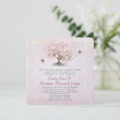 Gewoon Roze Hartblad Boom Liefdesvogel Bruiloft Kaart (Staand voorkant)