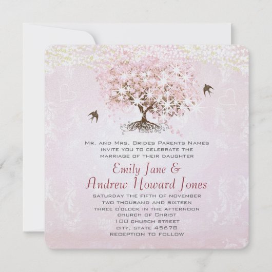 Gewoon Roze Hartblad Boom Liefdesvogel Bruiloft Kaart (Voorkant)
