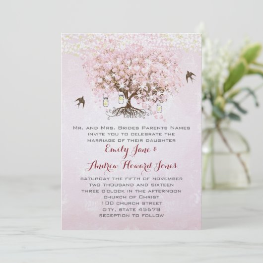 Gewoon Roze Hartblad Boom Liefdesvogel Bruiloft Kaart (Staand voorkant)