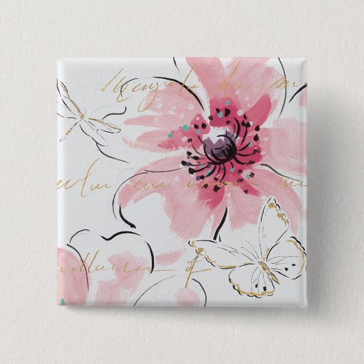 Gewoon roze | Waterverf Floral Vierkante Button 5,1 Cm (Voorkant)