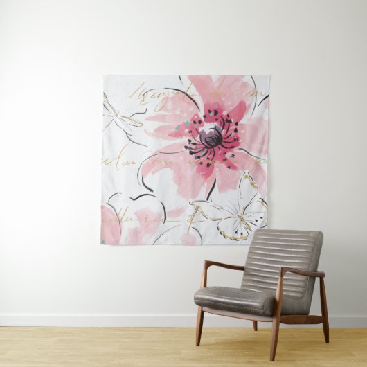 Gewoon roze | Waterverf Floral Wandkleed (In Situ (horizontaal))