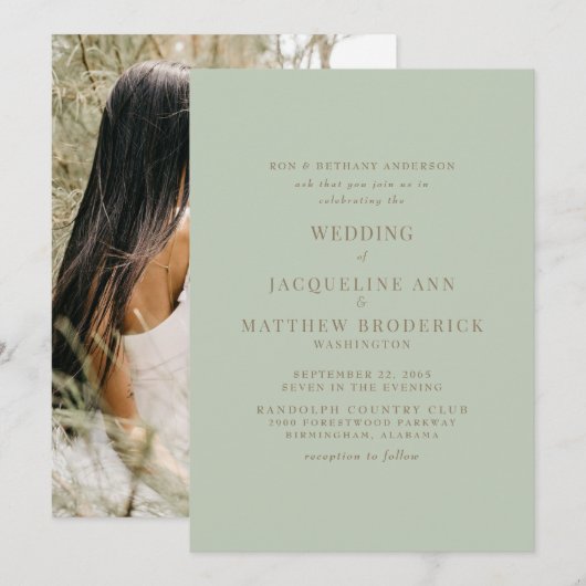 Gewoon Sage Foto Gouden Tekst Bruiloft Kaart (Voorkant / Achterkant)