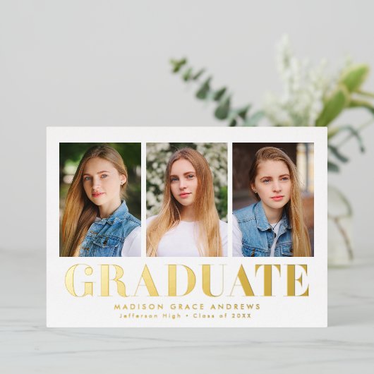 Gewoon vet 3 foto Folie Afstuderen aankondiging (Staand Voorkant)