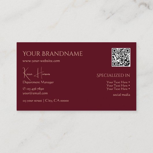 Gewoon wijnrood met monogram QR-code en juwelen Visitekaartje (Achterkant)