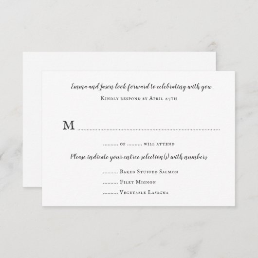 Gewoon Wit menu RSVP-kaarten Aantal Gastjes Antwoo Kaart (Voorkant / Achterkant)