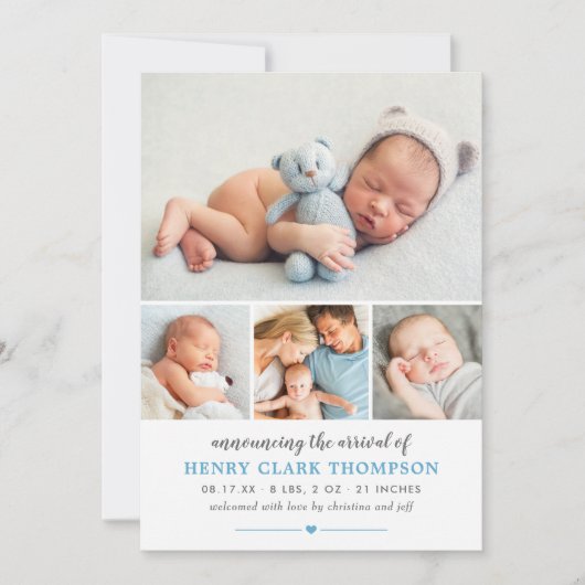 Gewoon zoet blauw baby jongen foto collage geboort aankondiging (Voorkant)