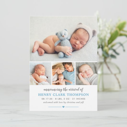 Gewoon zoet blauw baby jongen foto collage geboort aankondiging (Staand voorkant)