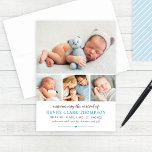 Gewoon zoet blauw baby jongen foto collage geboort aankondiging<br><div class="desc">Deze stijlvolle en lieve foto-aankondigingskaart bevat vier (4) foto's van je pasgeboren baby,  aangepaste tekst die kan worden gepersonaliseerd,  hart- en streepaccenten en een kleurenschema van wit,  hemelsblauw met houtskoolgrijs. Een patroon van diagonale strepen verkleedt zich aan de achterkant van de kaarten.</div>