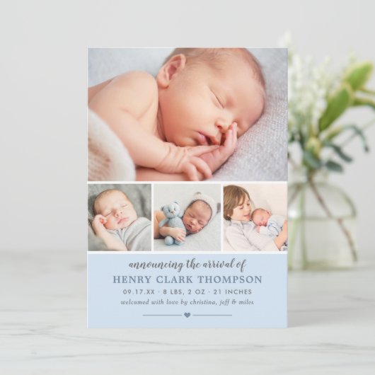 Gewoon zoet blauw baby jongen foto collage geboort aankondiging (Staand voorkant)