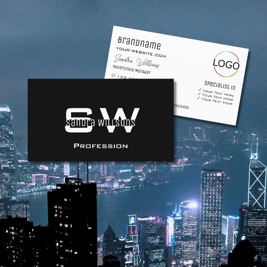 Gewoon zwart-wit modern met monogram en Logo Visitekaartje