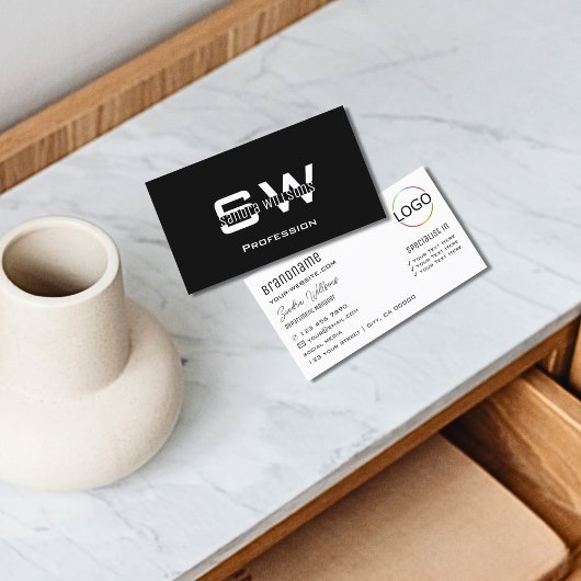 Gewoon zwart-wit modern met monogram en Logo Visitekaartje