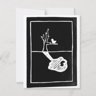 Geworteld elders - vogel schaduw linoleumsnede RSVP kaartje