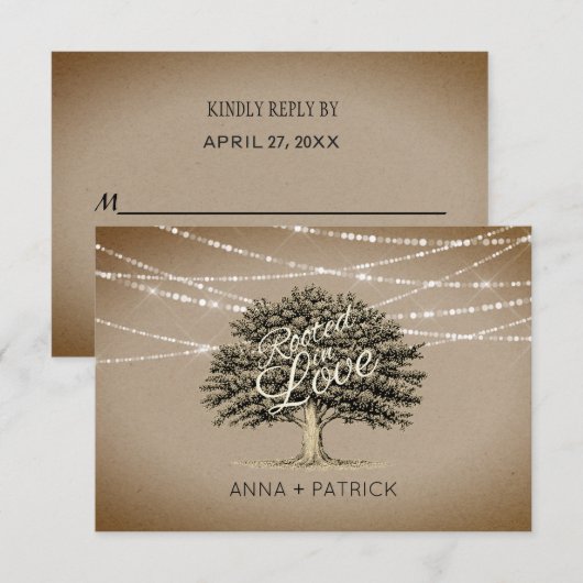 Geworteld in Liefde Rustieke Boom & Lichten Bruilo RSVP Kaartje (Voorkant / Achterkant)