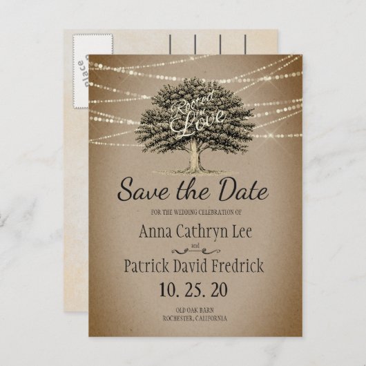 Geworteld in liefde rustieke boom string lichten o aankondigingskaart (Voorkant / Achterkant)