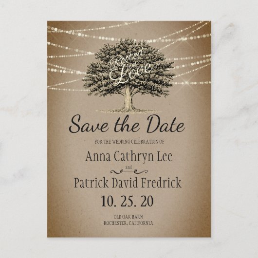Geworteld in liefde rustieke boom string lichten o aankondigingskaart (Voorkant)