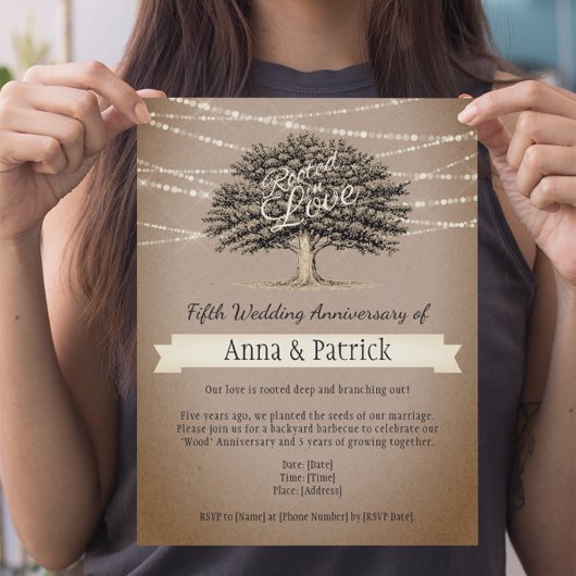 Geworteld in Love Rustic Tree Lights 5e verjaardag Kaart