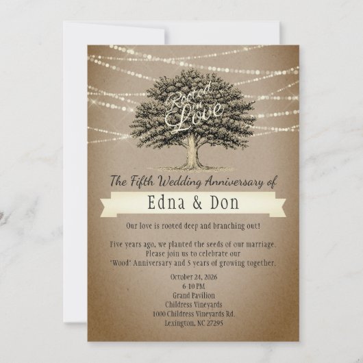 Geworteld in Love Rustic Tree Lights 5e verjaardag Kaart (Voorkant)